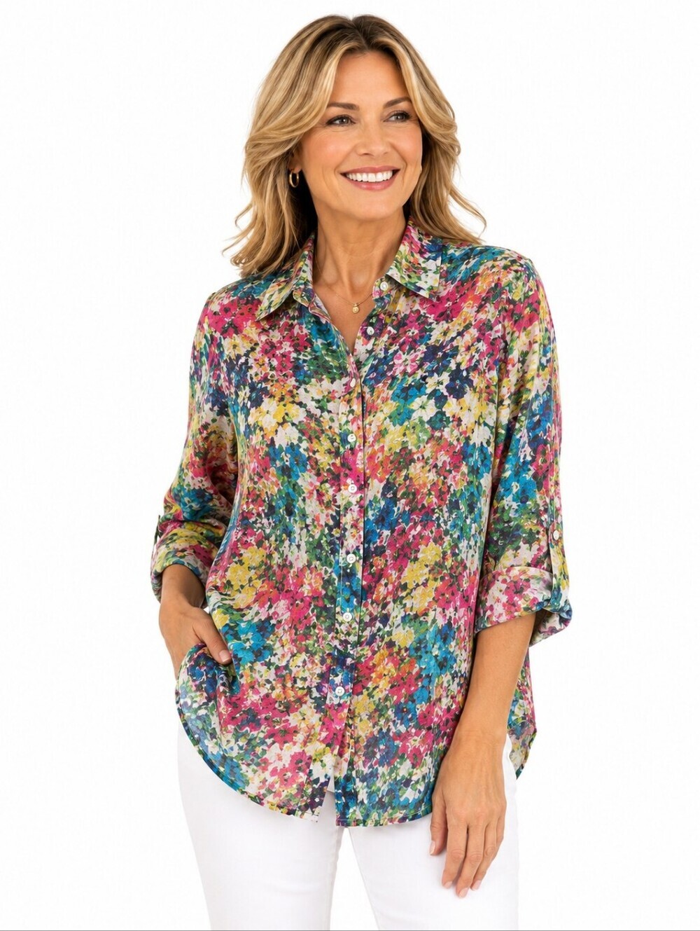 Coldwater Creek Silk Cotton Abstract Floral Button Front Blouse S Roll Tab